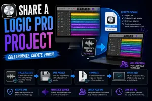 Logic Pro project-sharing workflow with collected track assets, a reference bounce and separate plug-in requirements