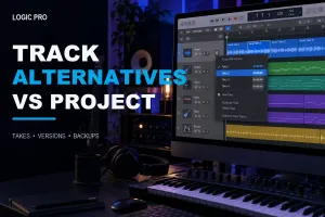 Logic Pro Track Alternatives menu showing alternate vocal takes on one track