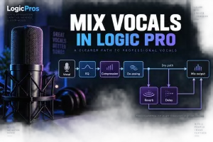 Conceptual vocal processing path with separate reverb and delay sends for Logic Pro