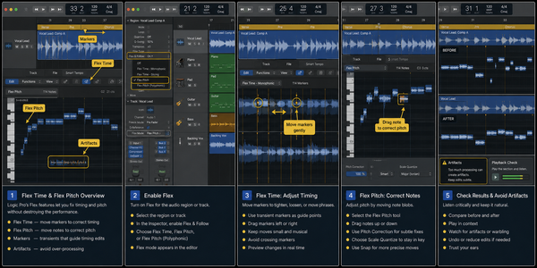 Logic Pro Flex Time and Flex Pitch workflow with timing and pitch edits - GPT Image 2 cover