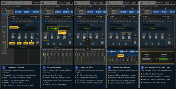 Logic Pro compressor settings with threshold, ratio, attack, release, and level match - GPT Image 2 cover