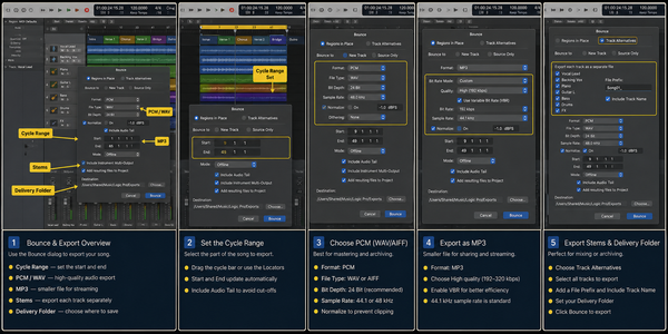 Logic Pro bounce and export workflow with cycle range, WAV, MP3, and stems - GPT Image 2 cover