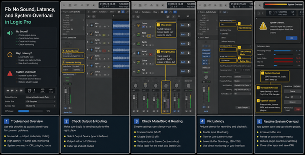 Logic Pro troubleshooting for no sound, latency, output routing, and overloads - GPT Image 2 cover