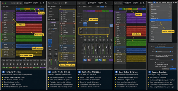 Logic Pro template workflow with starter tracks, routing, colors, markers, and save template - GPT Image 2 cover