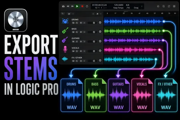Color-coded Logic Pro-style tracks exported into separate drums, bass, vocals and effects audio folders