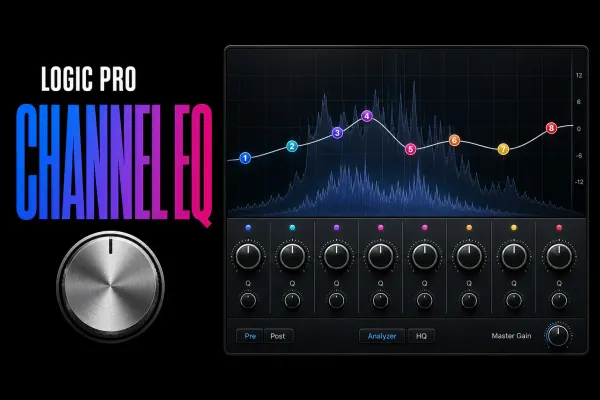Logic Pro Channel EQ interface with eight bands, spectrum analyzer, filter curve, Q controls and Master Gain