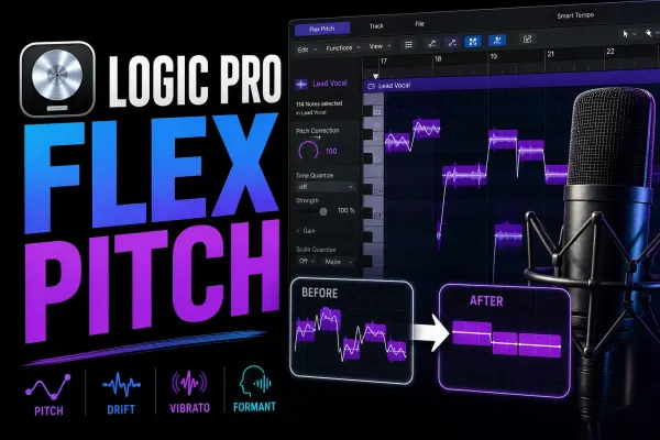 Logic Pro-style Flex Pitch editor with vocal notes, pitch curves, vibrato and formant controls beside a studio microphone