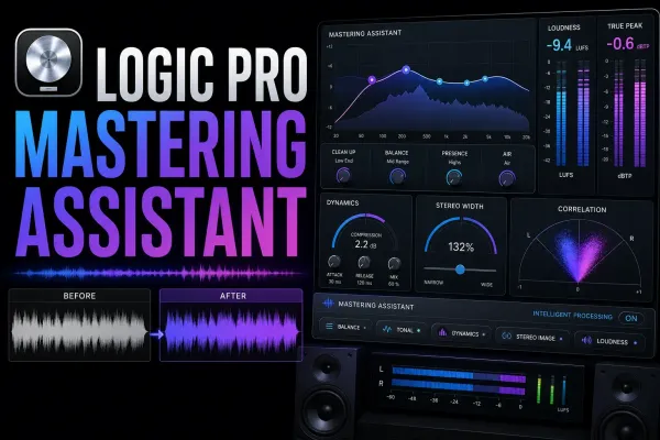 Logic Pro-style mastering display with corrective EQ, LUFS, dynamics, true peak, stereo width and correlation meters