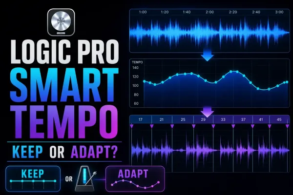 Logic Pro-style Smart Tempo analysis turning a free acoustic guitar performance into a tempo map and aligned beat grid