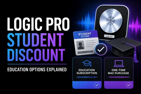 Student comparing Logic Pro education subscription and one-time Mac purchase options on a dark pricing board