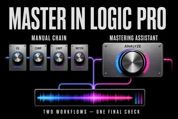 Logic Pro mastering comparison with a manual EQ compressor limiter meter chain and a separate Mastering Assistant path