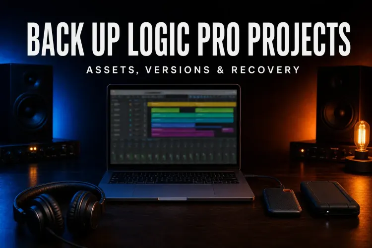 Logic Pro project backup with a MacBook and two external drives in a music studio