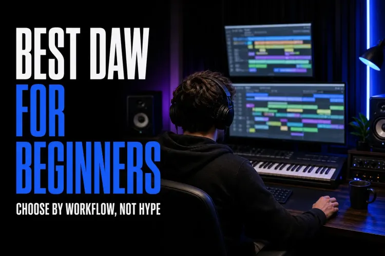 Beginner producer choosing a DAW in a dark home music studio