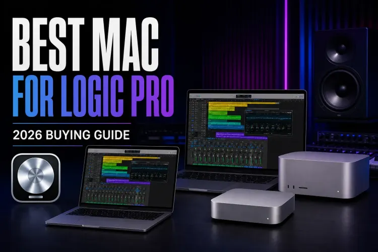 MacBook Air, MacBook Pro, Mac mini and Mac Studio arranged for a Logic Pro buying guide