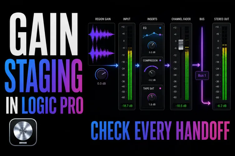 Logic Pro gain staging workflow with channel meters, Region Gain, insert processing, bus routing and Stereo Out