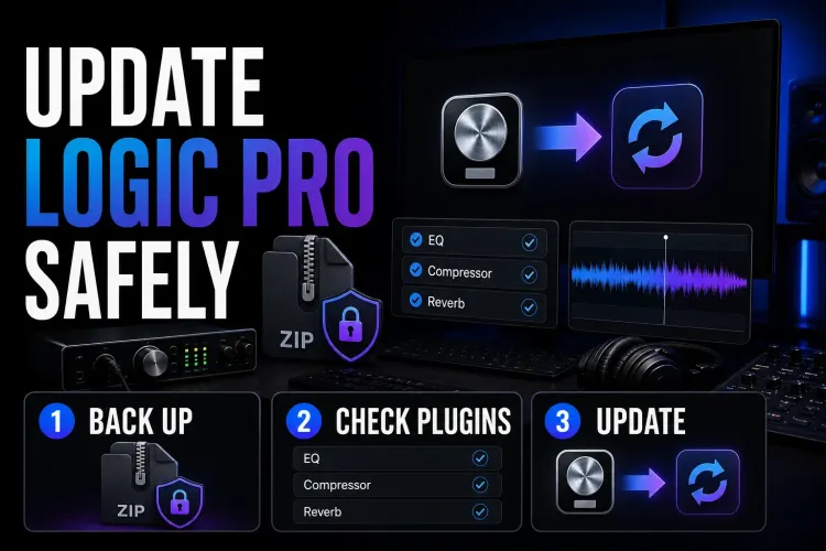 Logic Pro safe update workflow with app backup and plugin compatibility checks