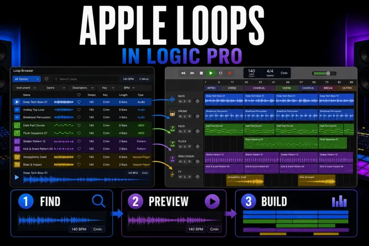 Apple Loops workflow in Logic Pro from Loop Browser search to a multitrack song arrangement