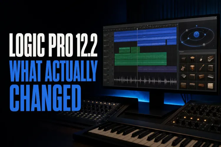 Logic Pro 12.2 update overview with a dark studio workstation