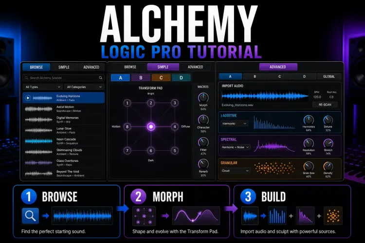 Alchemy in Logic Pro with preset browsing, Transform Pad performance and imported audio synthesis