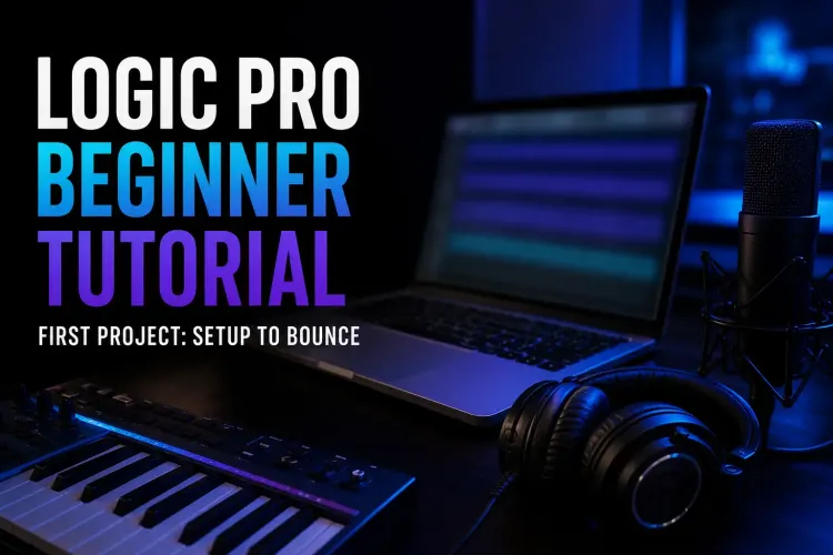 Logic Pro beginner tutorial studio with Mac, MIDI keyboard, microphone and headphones