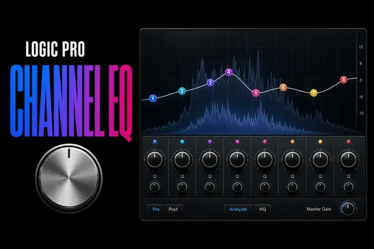 Logic Pro Channel EQ interface with eight bands, spectrum analyzer, filter curve, Q controls and Master Gain