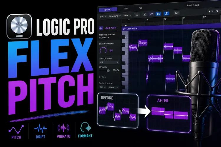 Logic Pro-style Flex Pitch editor with vocal notes, pitch curves, vibrato and formant controls beside a studio microphone