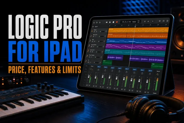 Logic Pro for iPad review with a multitrack session, MIDI keyboard and studio headphones
