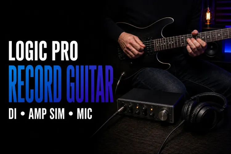 Electric guitar recording setup with audio interface and wired headphones for Logic Pro