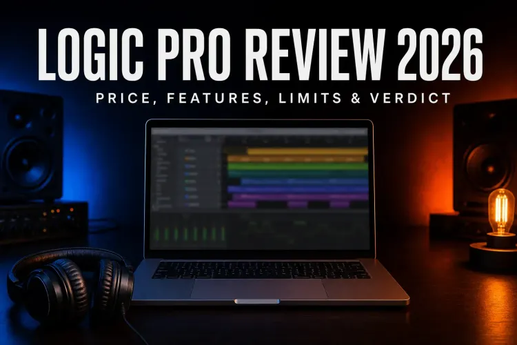 Logic Pro Review 2026 with a MacBook in a blue and orange music studio