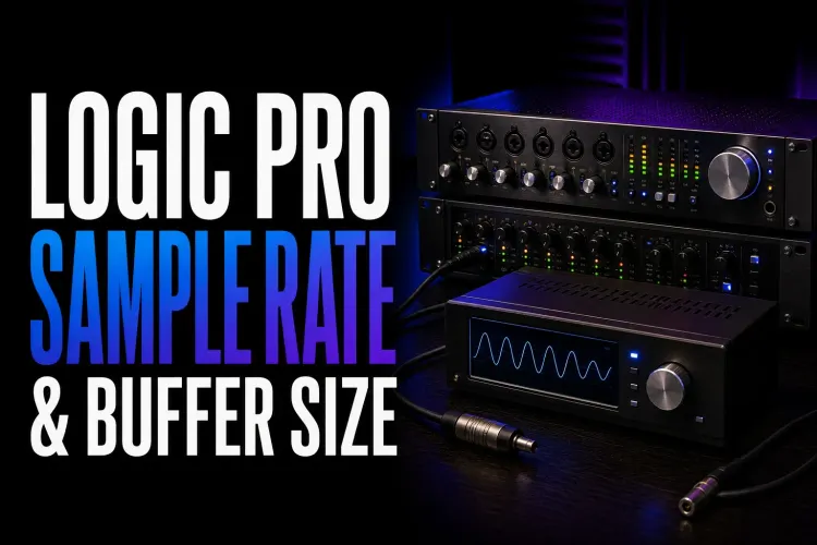 Logic Pro sample rate and buffer size cover with studio audio interface and master-clock hardware