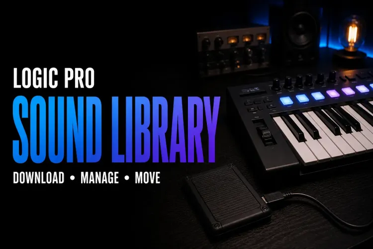 Logic Pro Sound Library setup with a MIDI keyboard and external SSD
