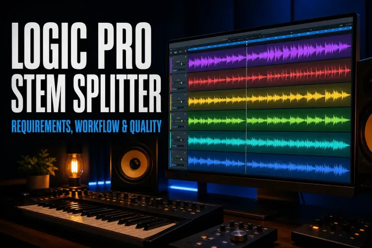 Logic Pro Stem Splitter separating a song into six color-coded audio stems