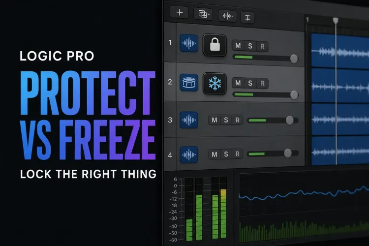 Logic Pro track headers comparing Protect and Freeze controls