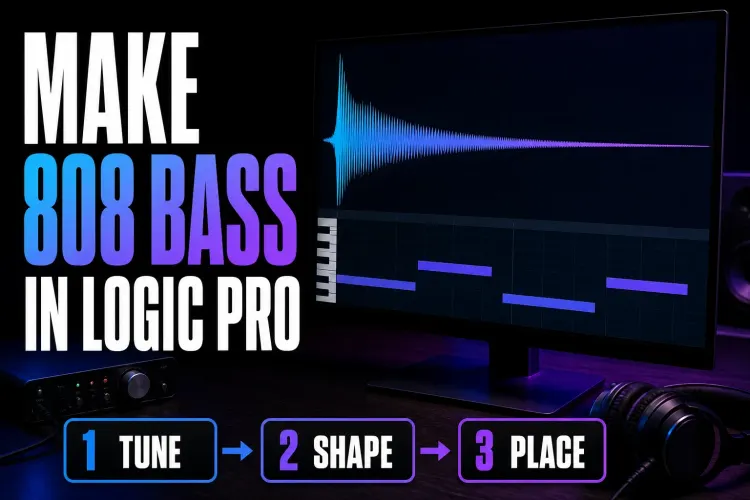 808 bass workflow in Logic Pro with a long-decay waveform and MIDI bass notes
