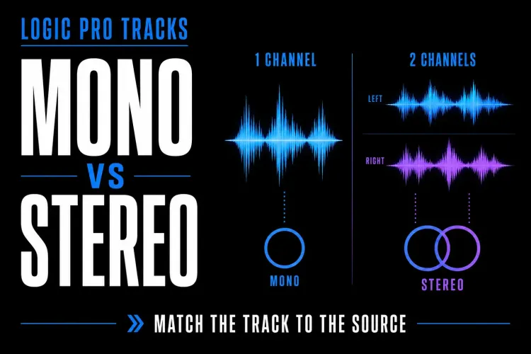 One-channel mono waveform compared with two-channel stereo waveforms in Logic Pro
