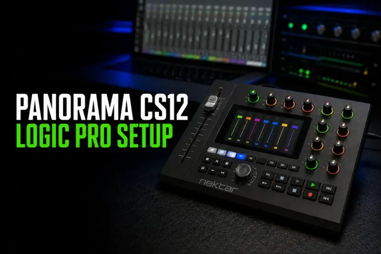 Panorama CS12 motorized fader controller in front of a Logic Pro session