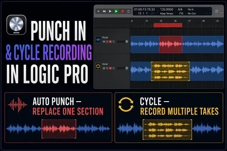 Audio waveform with a red punch range inside a yellow cycle range