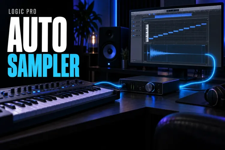 Logic Pro Auto Sampler window beside keyboard zones for a multisampled instrument