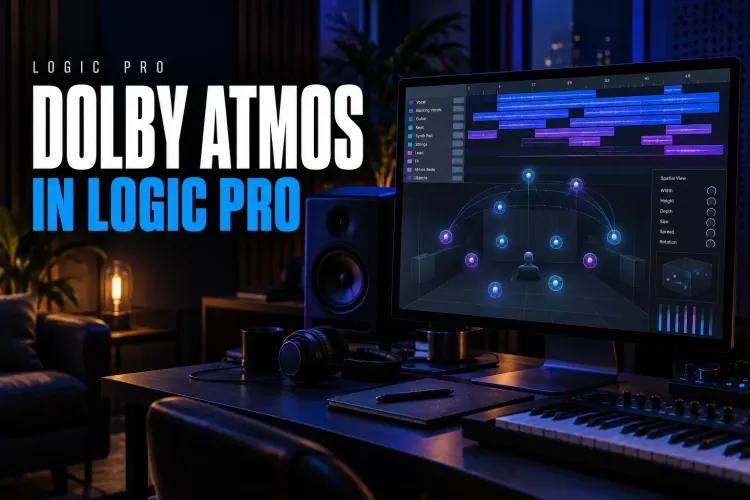 Dolby Atmos mix in Logic Pro with object positions surrounding the listener