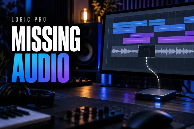 Logic Pro themed studio cover reading Missing Audio beside a monitor with a missing audio-file gap linked to an external drive