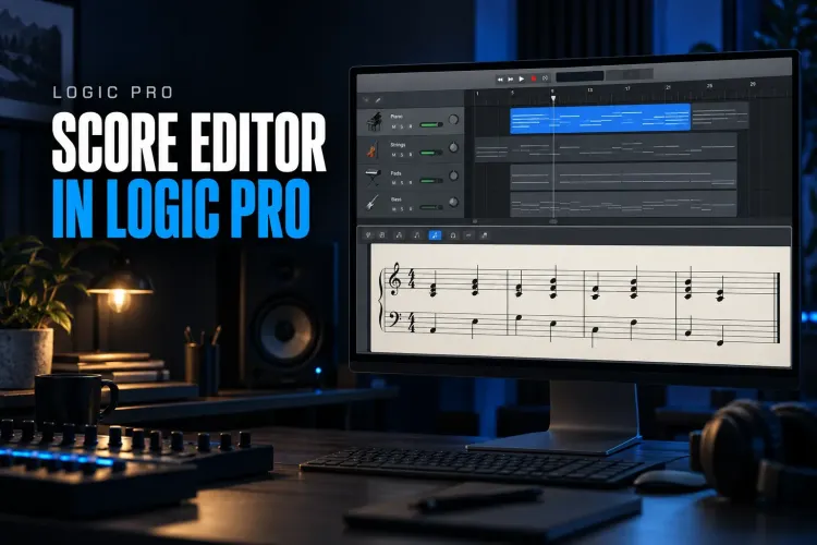 Logic Pro Score Editor showing a MIDI arrangement and readable piano notation