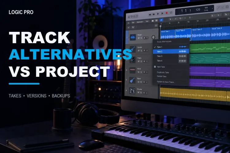 Logic Pro Track Alternatives menu showing alternate vocal takes on one track