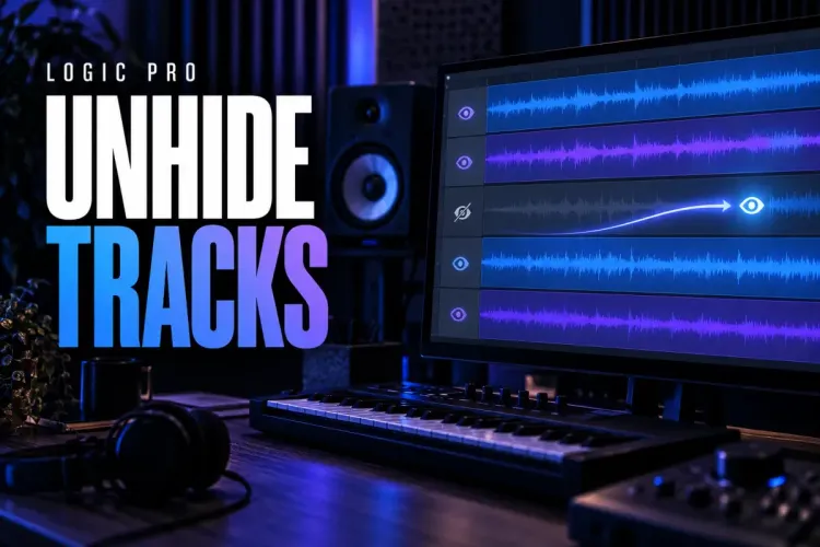 Logic Pro themed studio cover reading Unhide Tracks beside a monitor showing stacked blue and violet audio tracks with one hidden track being revealed