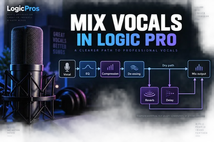 Conceptual vocal processing path with separate reverb and delay sends for Logic Pro
