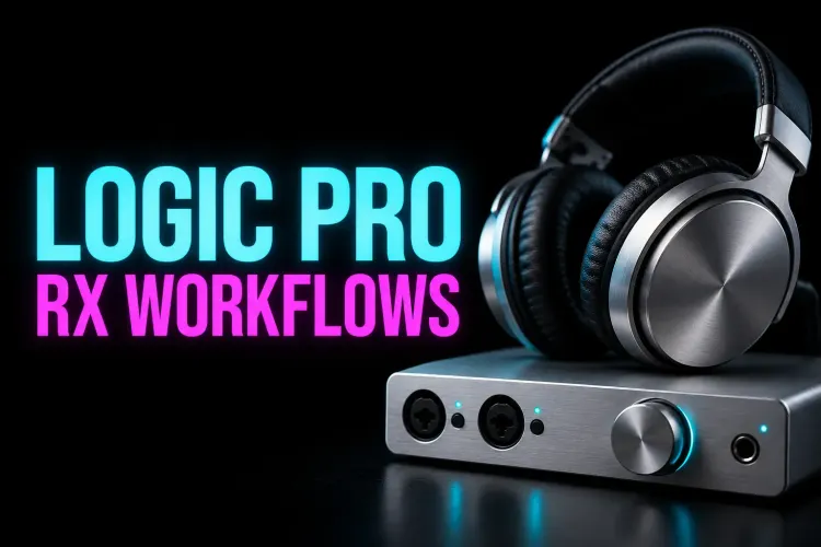 Logic Pro and RX cover with silver headphones and a cyan-lit audio interface on black