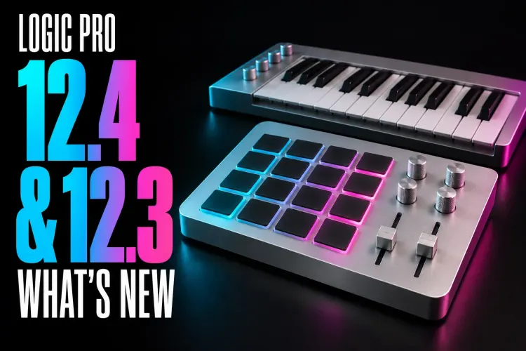 Logic Pro 12.4 and 12.3 What's New title beside a silver 16-pad controller and a compact keyboard controller