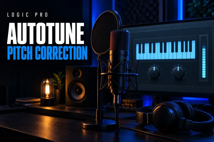 Condenser microphone with a pop filter in front of a monitor showing a pitch correction panel with a keyboard, two knobs and a level meter, and the words Logic Pro Autotune Pitch Correction