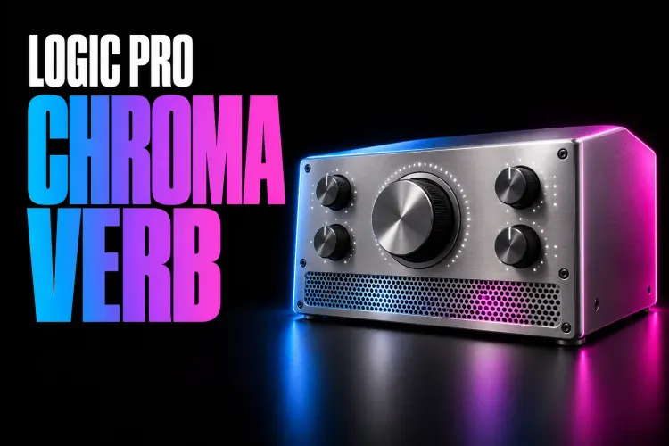Logic Pro ChromaVerb cover with a silver studio reverb unit