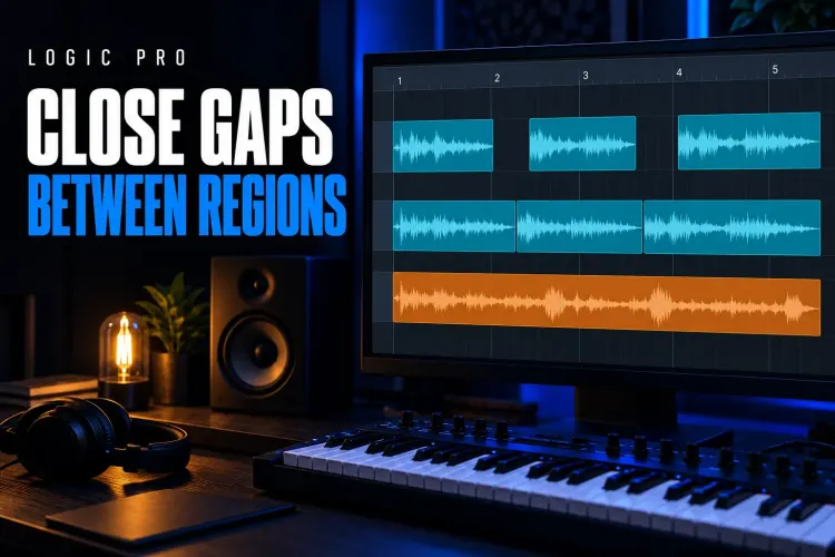 Monitor showing an audio timeline with three regions spaced apart on one track and three regions edge to edge on the track below, with the words Logic Pro Close Gaps Between Regions