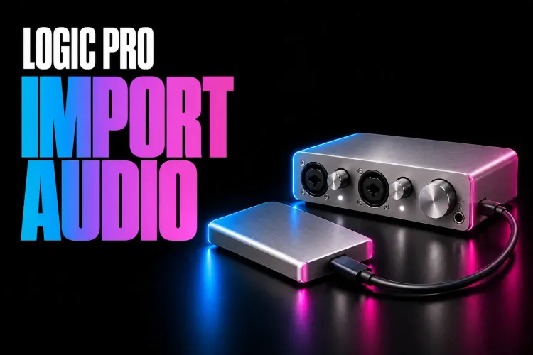 Logic Pro import audio cover with a silver portable SSD and recording interface